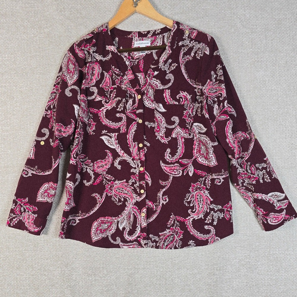 Croft & Barrow Womens Petite Large Burgundy Paisley‎ Roll Tab Button Down Blouse
